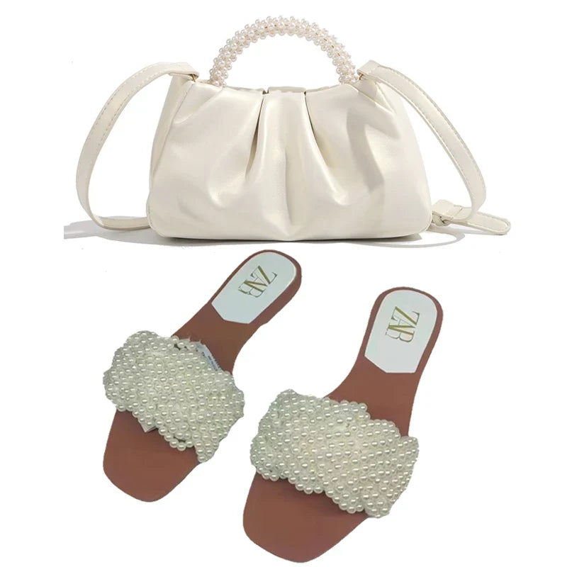 2025 Summer New Product Women's Shoes White Pearl Weaving Flat Sandals Outerwear Fashion Cool Slippers Pearl Bag Shoe Bag Set