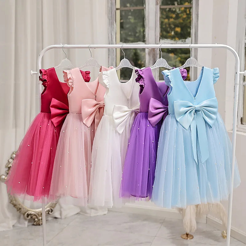 Baby Girl Party Dress Back Bow Elegant Flying Sleeve Mesh Tutu Dress with Pearl Solid Flower Girl Wedding Dress Birthday Gowns