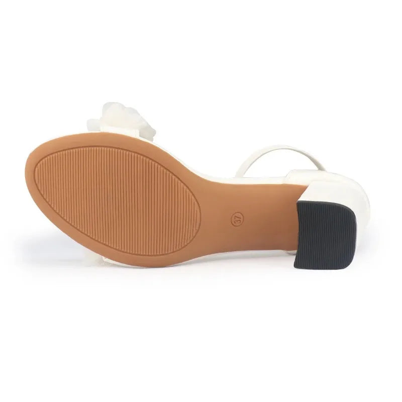 White Women Heels Flower Sandals Summer Wedding Shoes Bride Shoes Black Thick Heels Party Shoes Fashion Open Toe Women Pumps