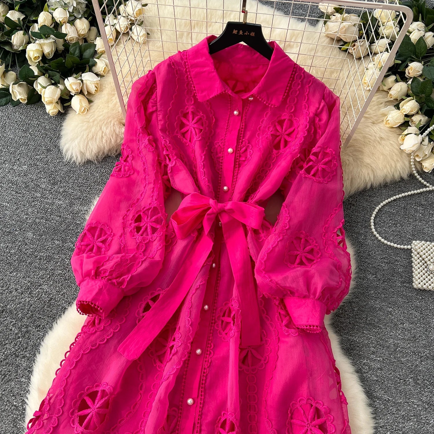 Elegant Embroidery Vintage Lantern Sleeves Lapel Single Breasted Chic Bandage Slim Long Dresses Women High Street Clothing