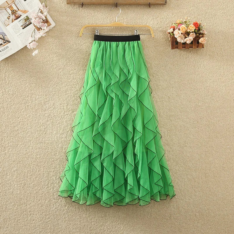 Women's Elegant Wave Pattern Fairy Mesh Ruffle Skirt High Waist A-Line Large Swing Long Skirt Half Body Skirts Ropa Para Mujer