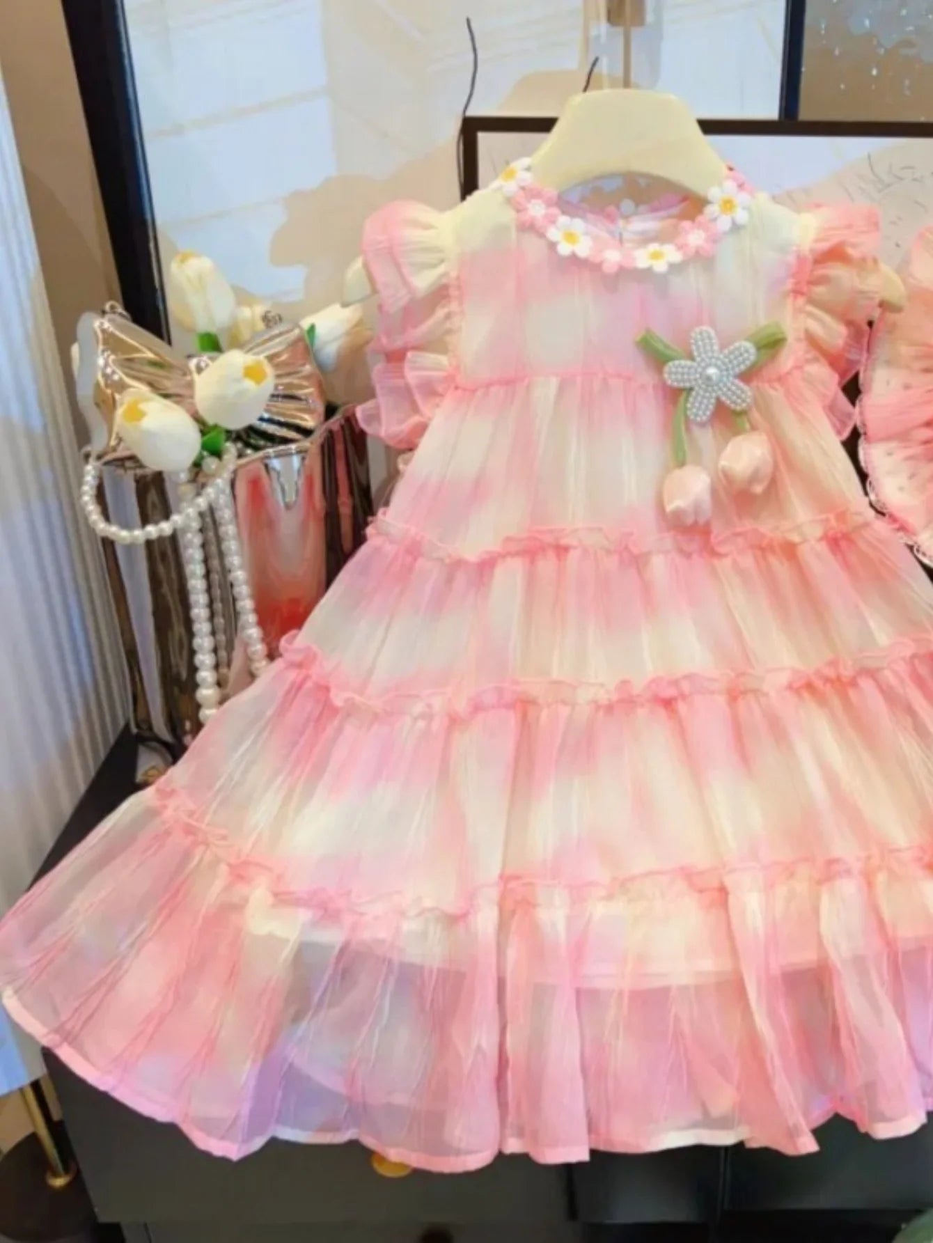 Girls’ Lightweight Summer Dress with Matching Sun Hat – Ombre-Print Chiffon-Look Outfit with Detachable Floral Accent
