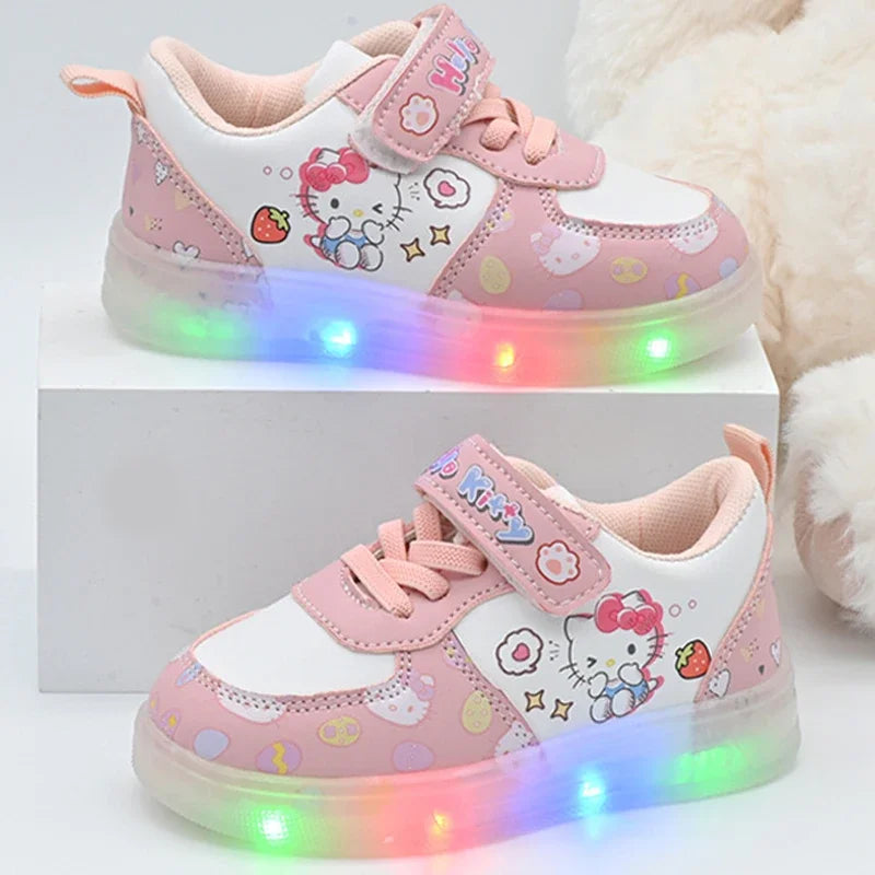 Children's Led Light Shoes Fashion Hello Kitty Girls Sneakers Cute Cartton Casual Shoes Breathable Kids Sport Shoes Gift