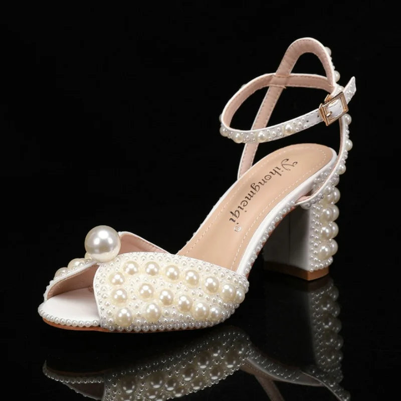 2025 New High Heels Thick Heel Shallow Mouth Women's Pearl Sandals Wedding Shoes Bridesmaid Shoes
