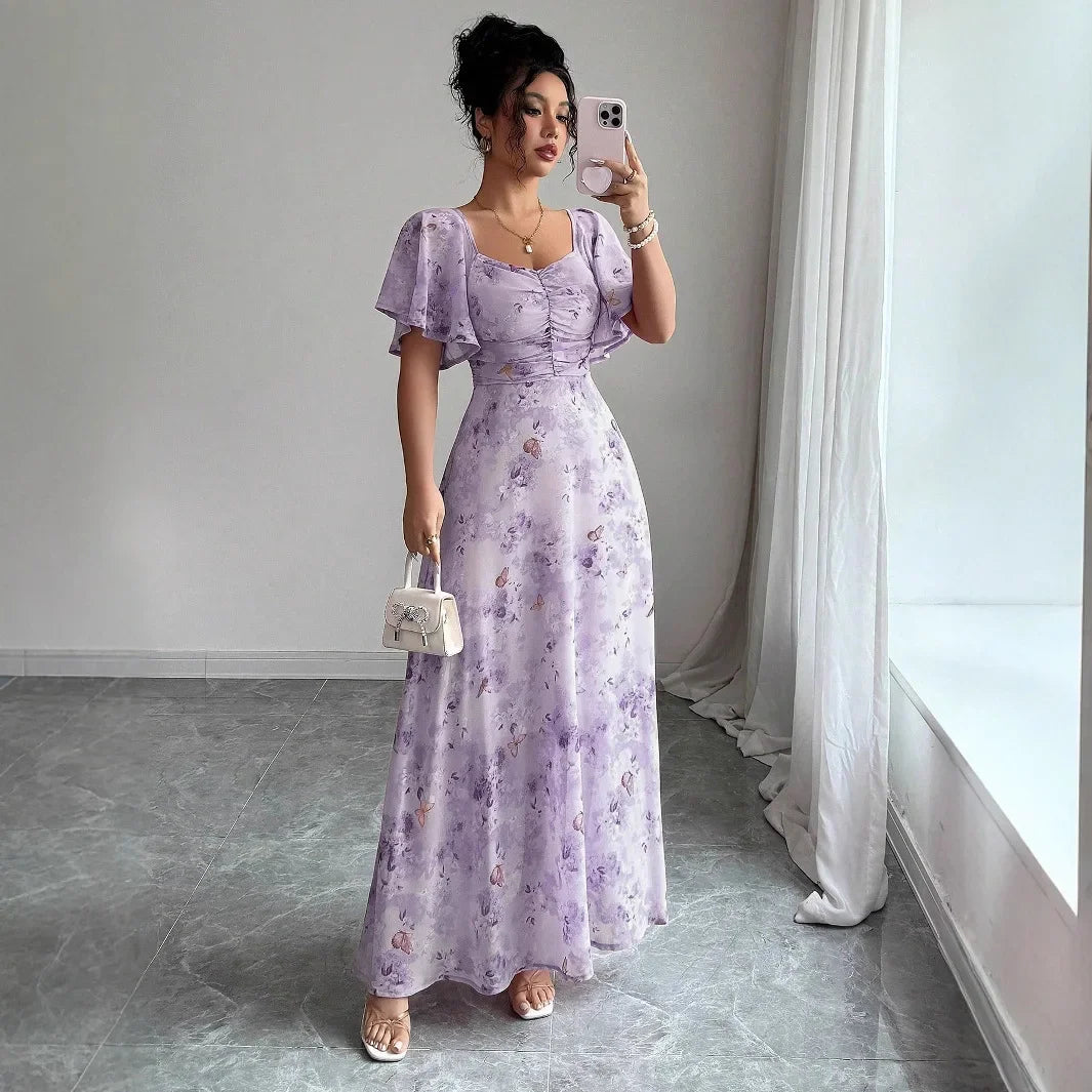 Fashionable Long Floral Print Dress Women's New Summer Slimming Age-Defying Dress Empire Waist Bubble Sleeve Knee-Length