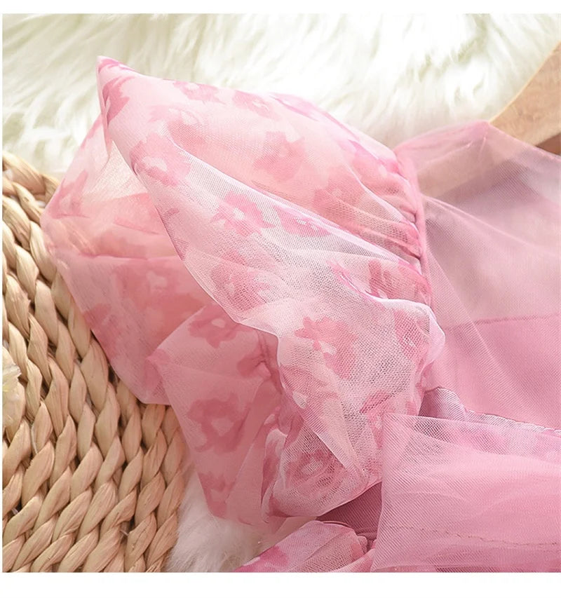 Summer Dress For Girls Children's Clothing Pink Floral Puff Sleeve Dress Baby Chiffon Princess Dress For Daily Holiday Dresses