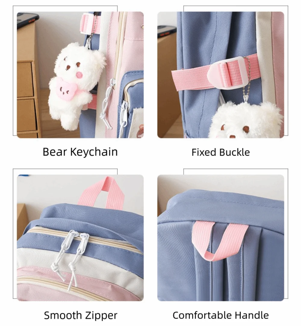 5 Pcs Cute Large Capacity Backpack Set Multifunctional Breathable Student Schoolbag Buckle Coin Purse School