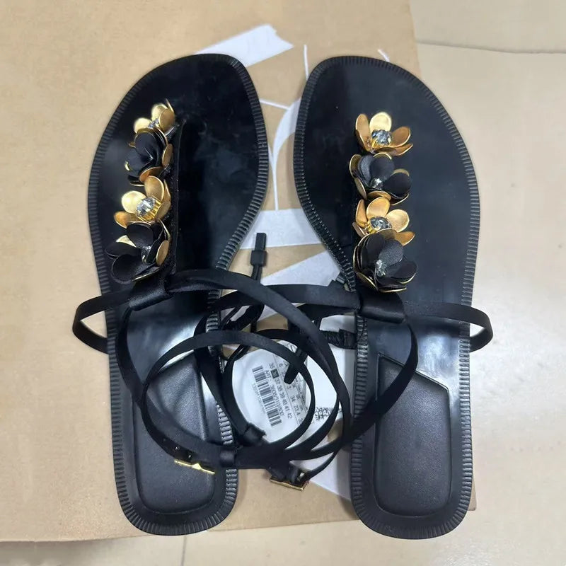 Luxury Crystal Flowers Decor Women Flats Sandals Sexy Ankle Strap Summer Beach Slides Fashion Streetwear Modern Sandals Shoes