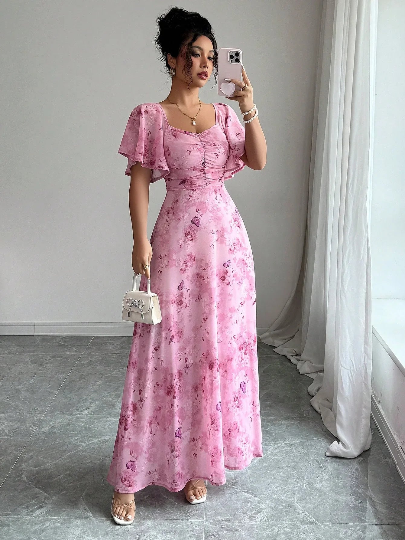 Fashionable Long Floral Print Dress Women's New Summer Slimming Age-Defying Dress Empire Waist Bubble Sleeve Knee-Length