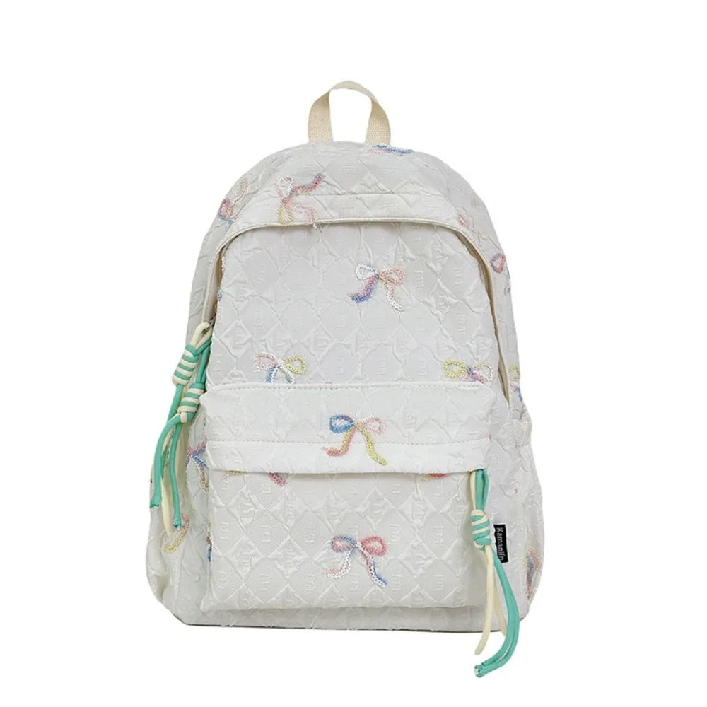 Fashion Embroidered Bow Backpack Nylon Large Capacity Students Schoolbag Multiple Pockets Wear-resistant Travel Rucksack