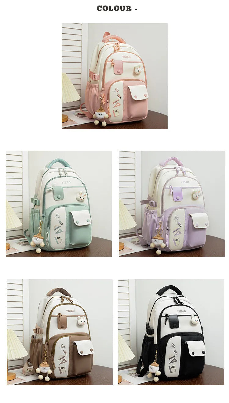 New cute rabbit children school backpack Fashionable splicing color contrast fresh lady knapsack kids schoolbags bring a doll