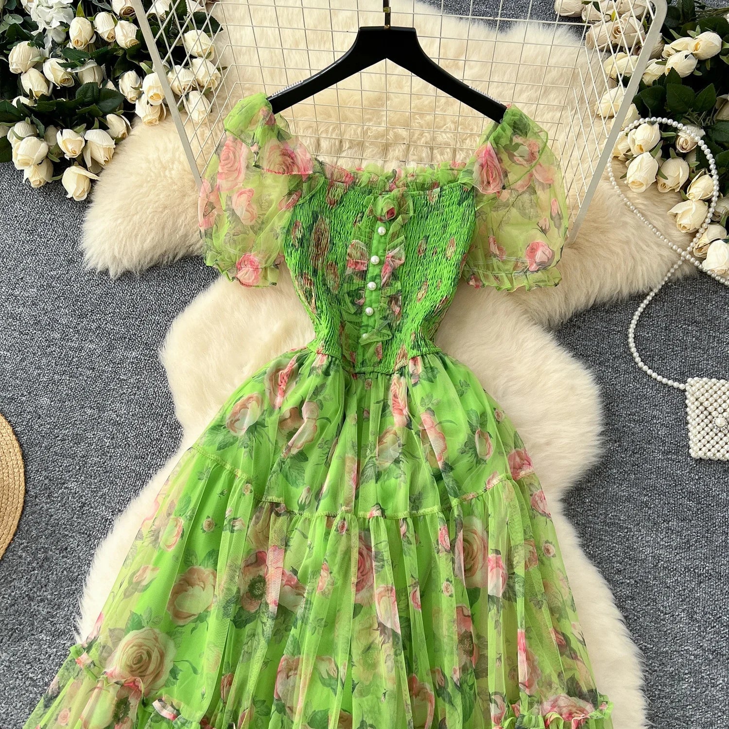 Retro Floral Chiffon Dr Women's Waist Cinched One oulder Bubble Sve Me Skirt Commute Korean Sle High Waist A-Line...
