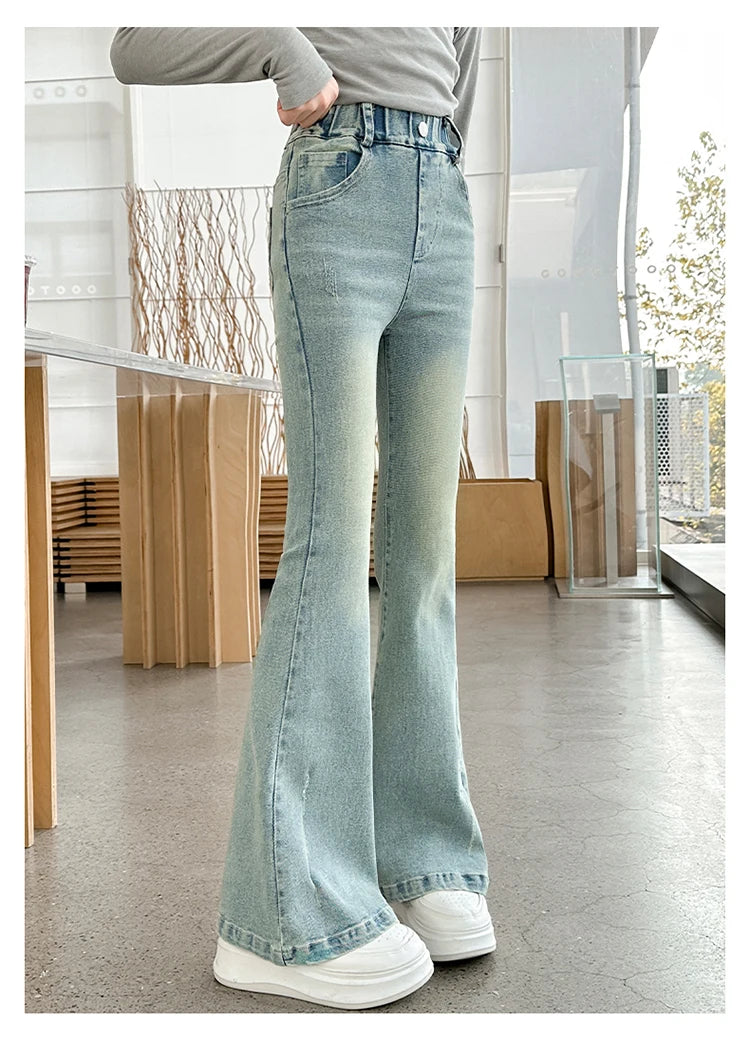 Children Boot Cut Jeans Trousers For Girl Fashion Design Denim Flared Pants for 5 7 8 9 10 11 12 13 14Years Kids Slim Cool Jeans