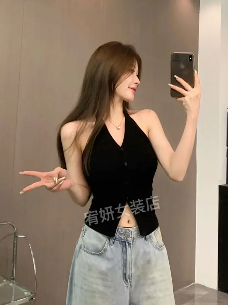 Sexy Spicy Girl Pure Color Design V-Ne Hanging Ne Vest Women's Summer Slim ort Matched with Chest Pad Top