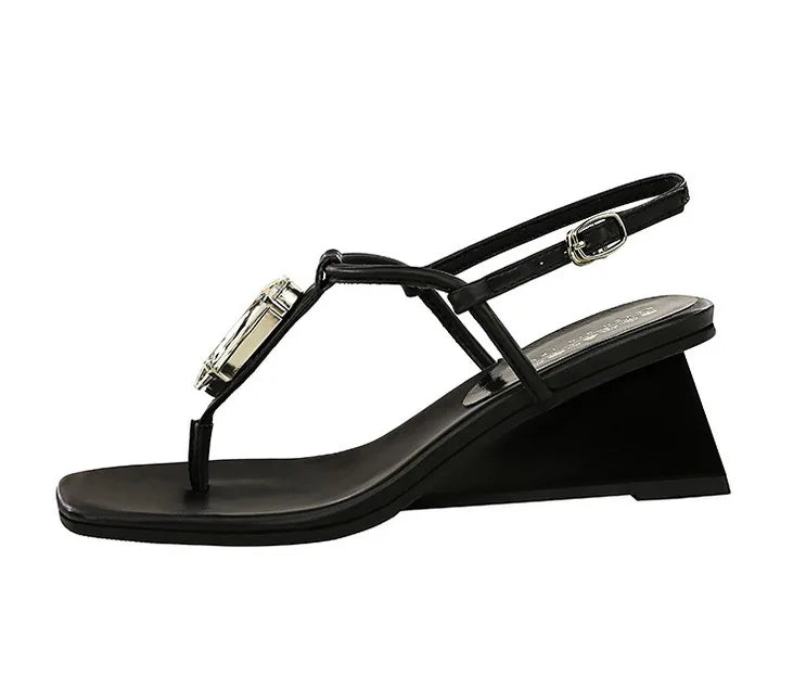 Wedge Heel with Herringbone Sandals Women's Rhinestone Thin Strap Toe Women's High Heels