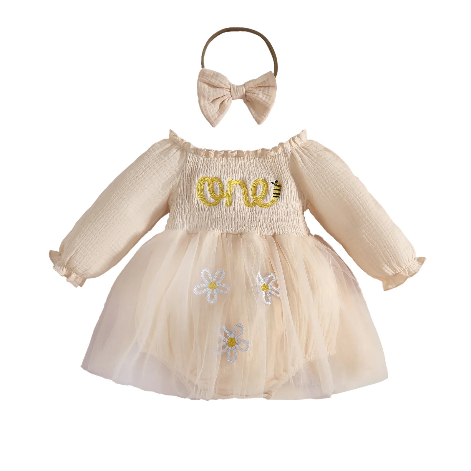 Baby Girl Dresses 1st Birthday Outfit Tulle Romper Dress with Headband Cute Daisy and Embroidered Party Wear for Newborn Clothes