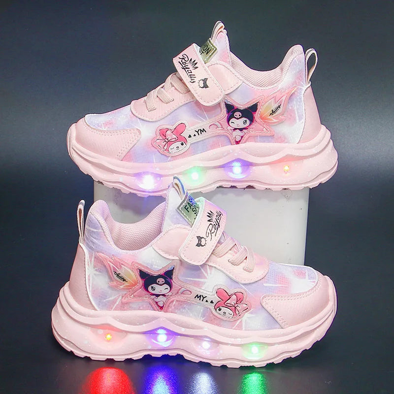 Kulomie girls' shoes with lights 2025 autumn new mesh breathable sports shoes leather waterproof soft-soled running shoes