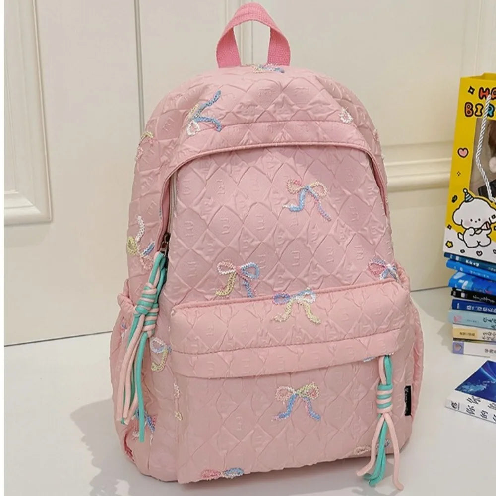 Fashion Embroidered Bow Backpack Nylon Large Capacity Students Schoolbag Multiple Pockets Wear-resistant Travel Rucksack