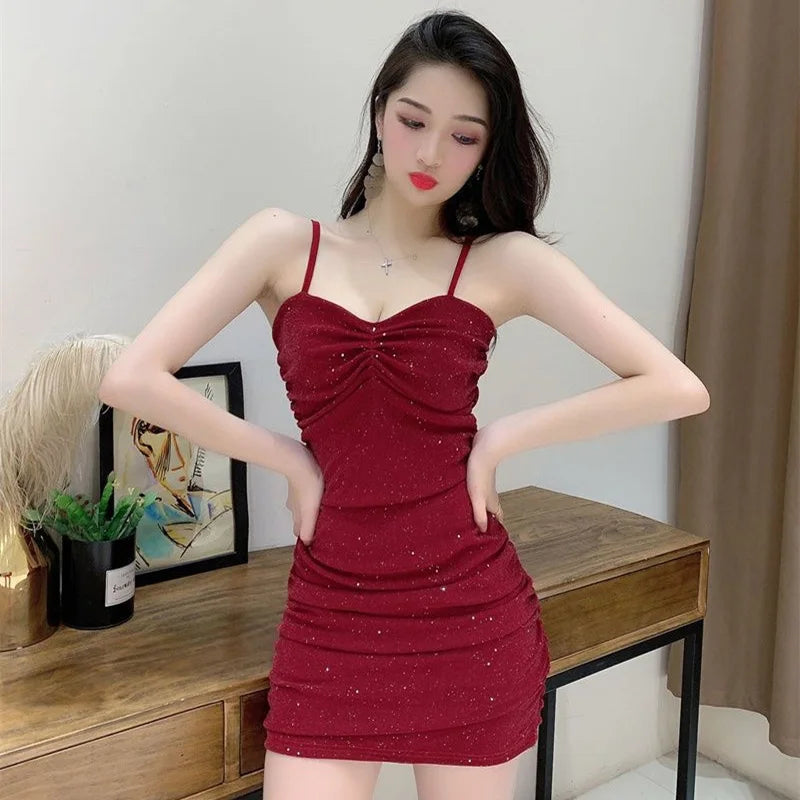 Women Sexy Sparkly Sequin Camisole Party Dress Lady Fashion Wine Red Sleeveless Slim Fit Dress Female Nightclub Backless Dress