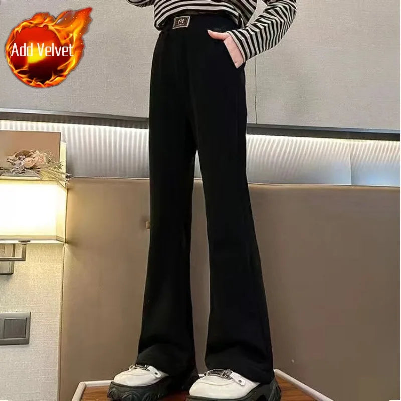 Girl's Autumn Winter New Mid-Weight Flared Jeans with Integrated Fleece-Lining, Stylish Casual Pants for Tween Girls