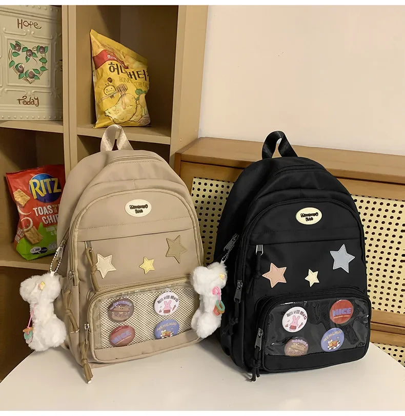 Casual Transparent Badge Large Capacity Commuter Backpack Suitable for Middle School Students Cute School Style Double Shoulder