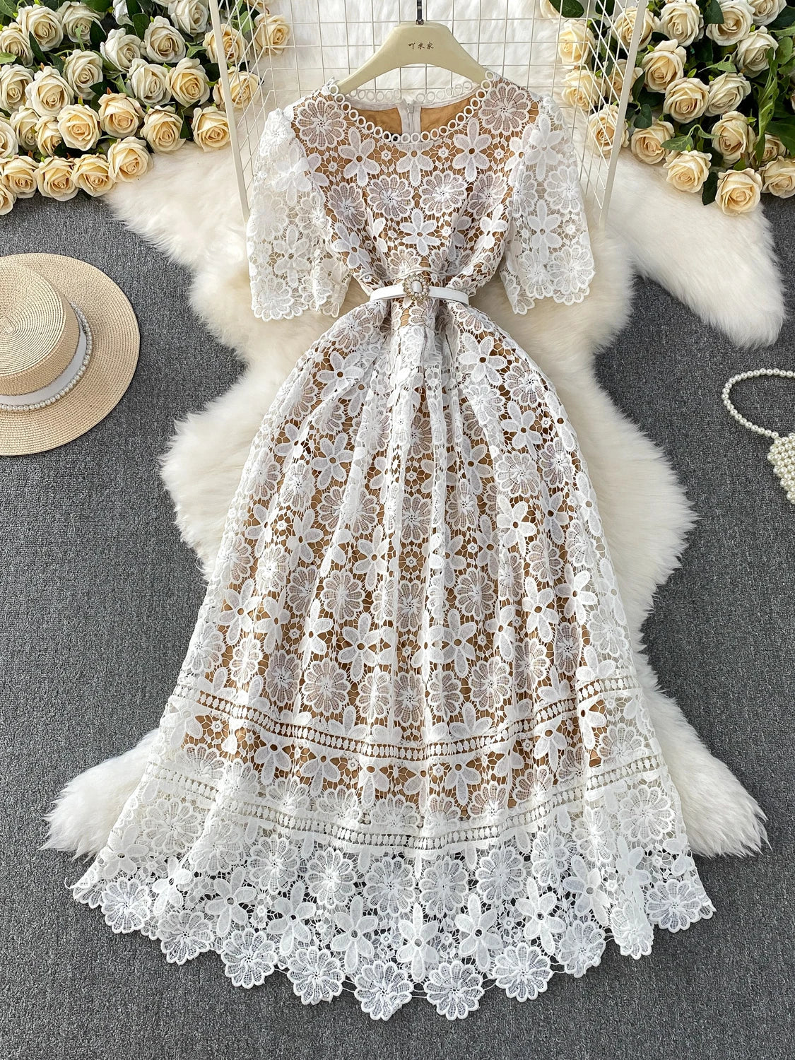 Brand Design Summer Embroidery Lace Long Dress Women Hollow Out Short Sleeve Midi Dresses Lady Belt Prom Evening Party Vestidos