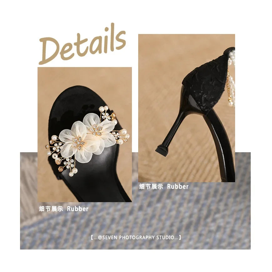 Small Size 31 -43 Women Peep Toe Sandals Wedding Heels Wide Fat Feet Shoes for Women Pearl Flower Bridal Shoes Zaptos Mujer