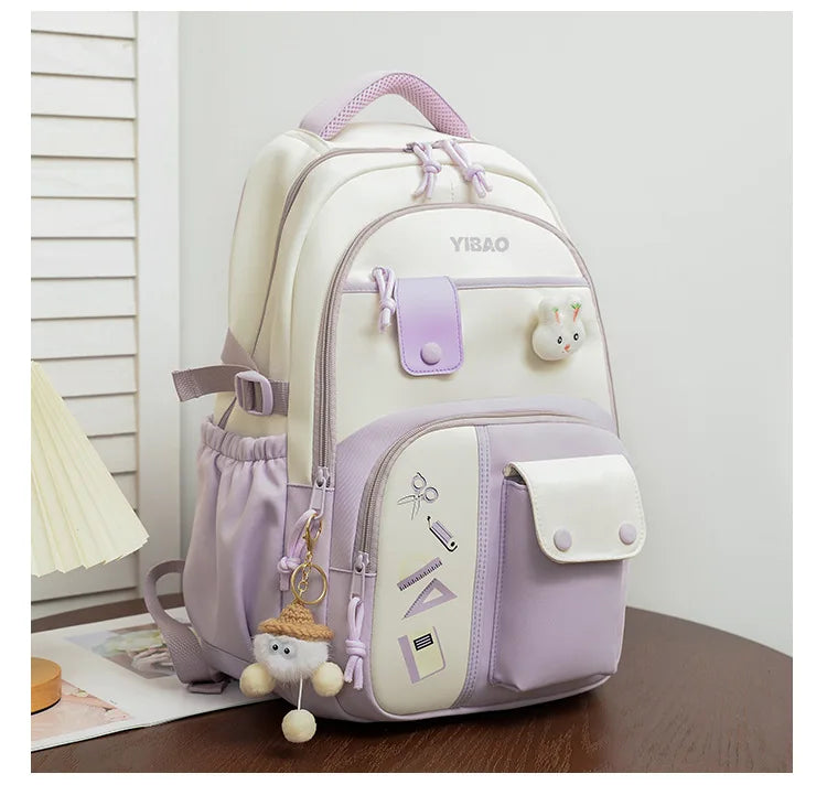 New cute rabbit children school backpack Fashionable splicing color contrast fresh lady knapsack kids schoolbags bring a doll