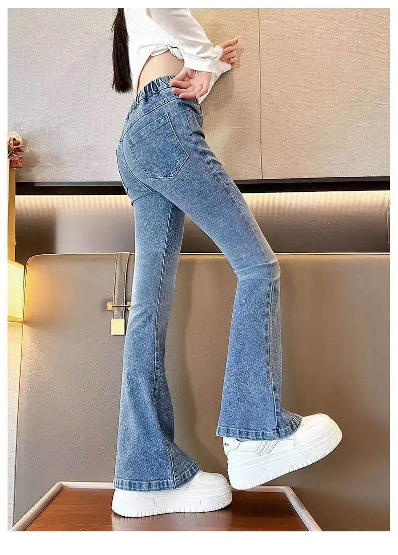 Kids Classic Vintage Blue Flared Jeans for Teens Girl Fashion Bootcut Denim Pants Tweens Child Casual Boot Cut Jeans Trousers