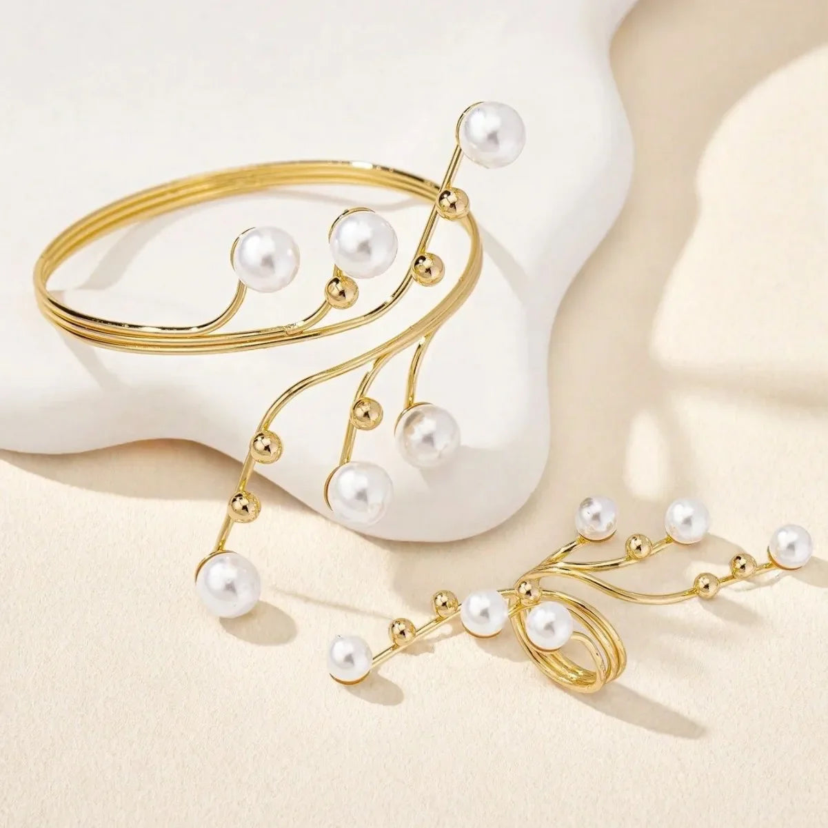 Simple Geometric Imitation Pearl Winding Line Ring Bracelet Set For Women Girls Exaggerated Personality Fashion Jewelry