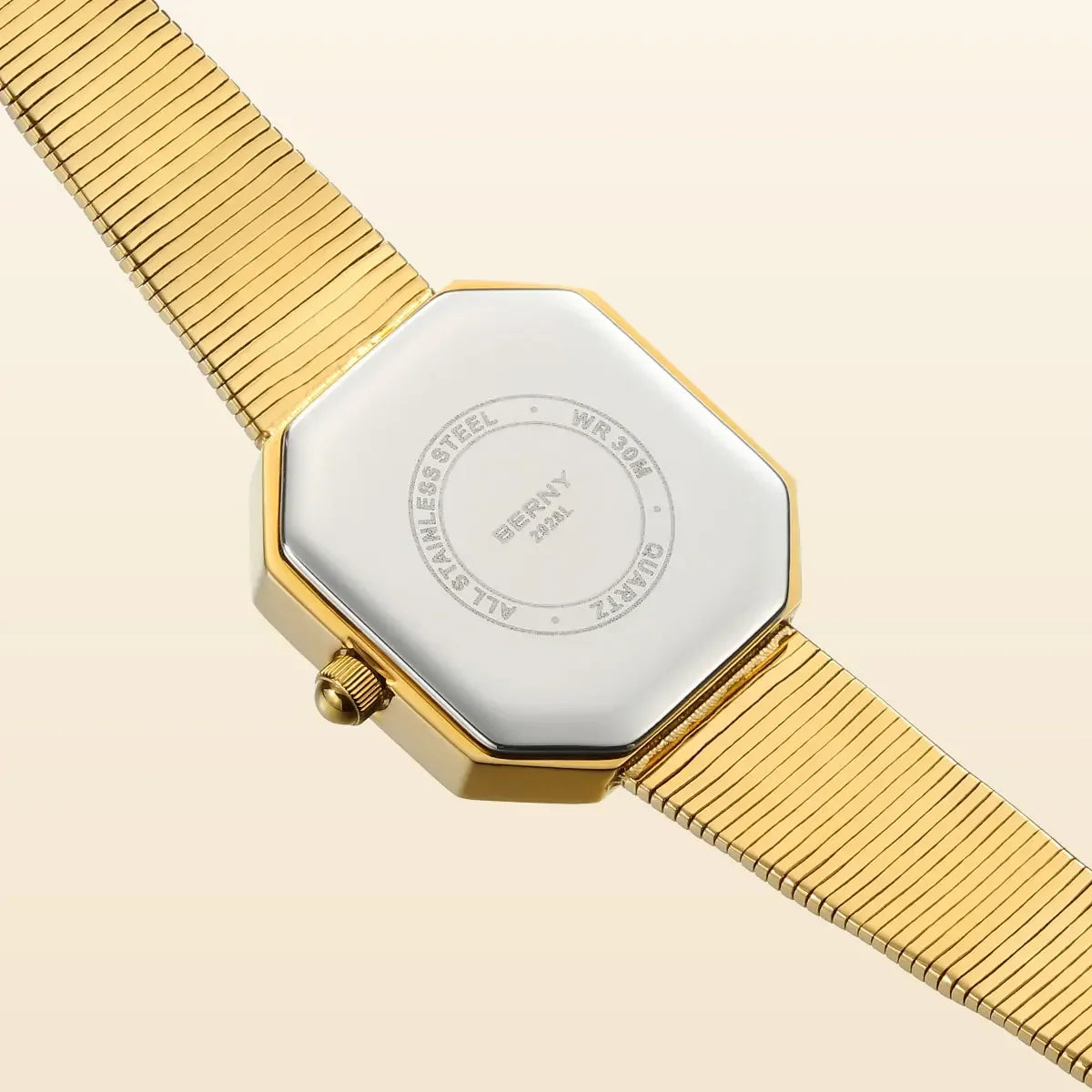 BERNY Gold Watch for Women Grit Dial Octagonal Ladies Quartz Wristwatch Stainless Steel Women Small Golden Watch Luxury Watches