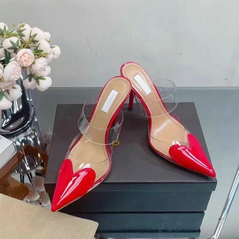 Colorful Heart-Shaped Transparent Sexy Patchwork Color Sandals Women Half-Toe Pointed