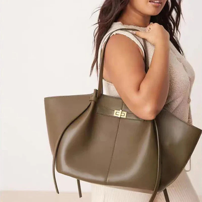 Brand Wing Shaped Handbag Luxury Gold Lock Buckle Design Tote Bag Women Large Capacity Shopping Bag Elegant Commute Underarm Bag