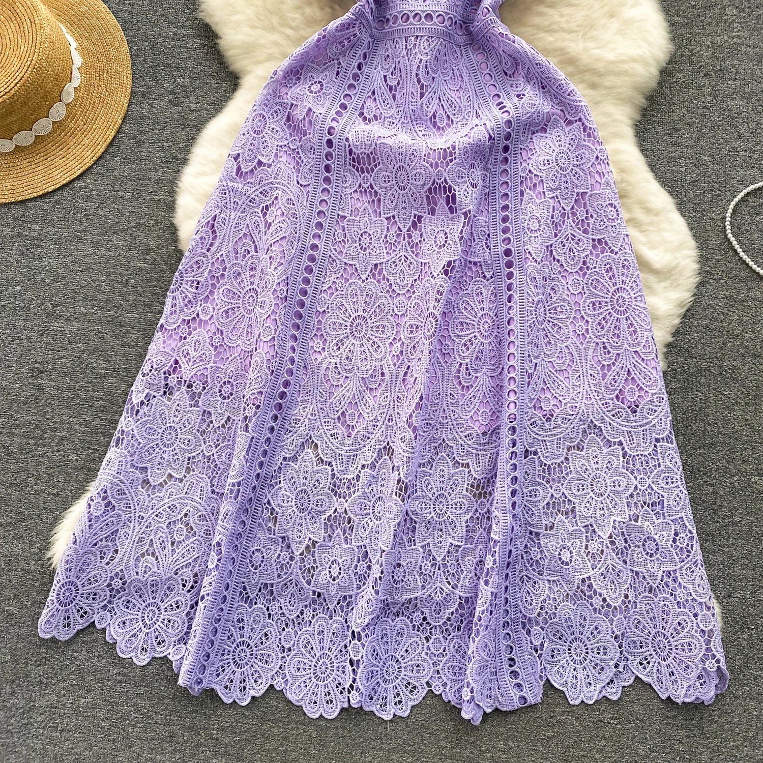 Embroidery Crochet Hollow Out Lace Dress For Women Summer Fashion Runway Short Sleeve Slim Waist Casual Party Midi Vestidos 6931
