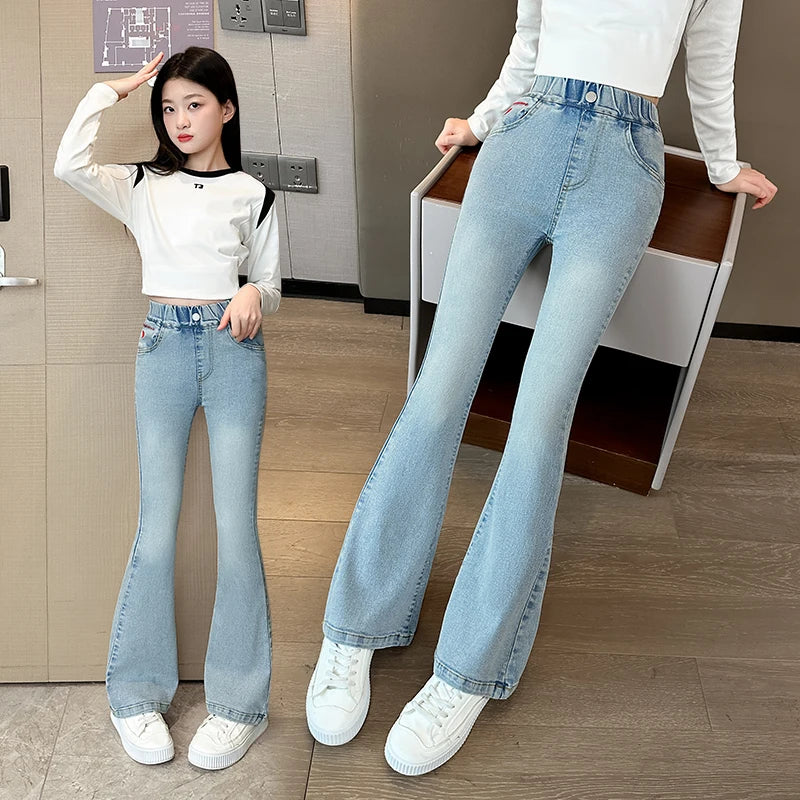 Child Slim Close-fitting Heart Pattern Flared Jeans For Girls Elegant Boot Cut Denim Leggings Pants Kids Fashion Jeans Trousers