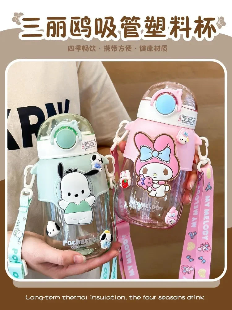690ml Sanrio Large Capacity Water Bottle Cinnamoroll Kuromi My Melody Portable Straw Water Cup for Outdoor Sports Fitness