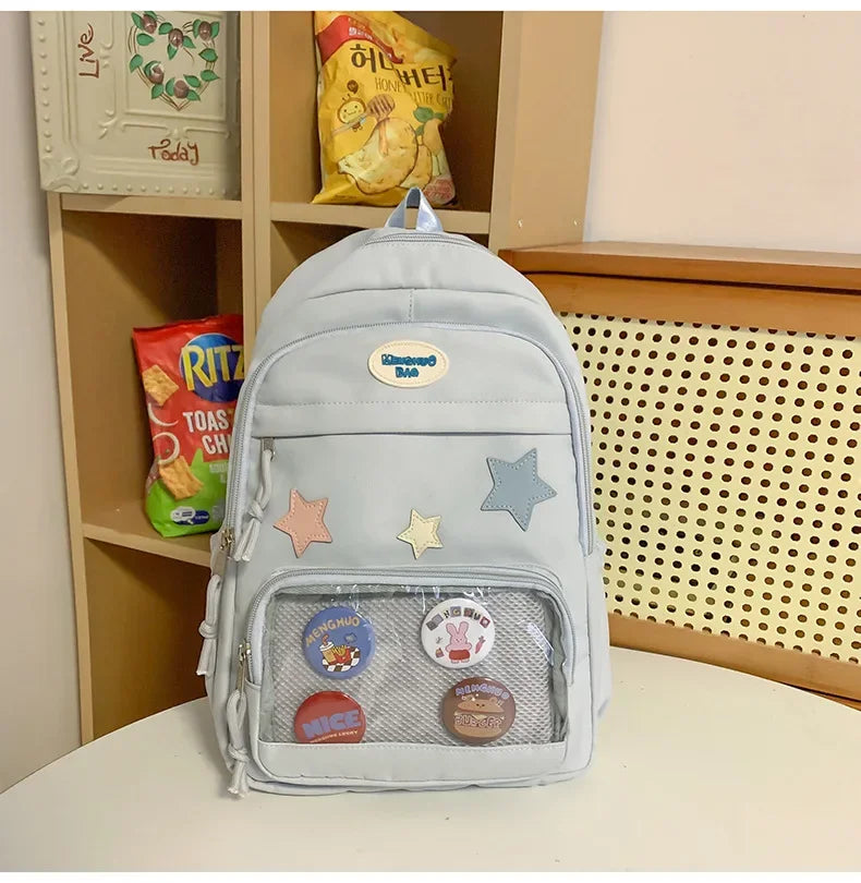 Casual Transparent Badge Large Capacity Commuter Backpack Suitable for Middle School Students Cute School Style Double Shoulder