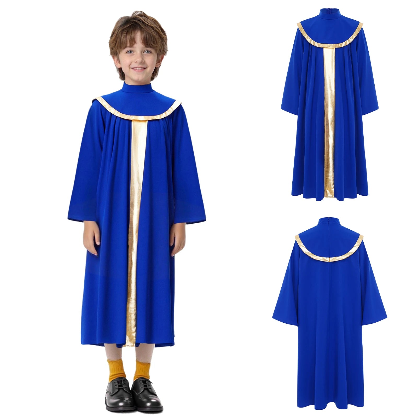 Boys Girls Choir Robe Liturgical Worship Praise Dance Costume Long Sleeve Metallic Color Block Patchwork Pleated Dress Grown