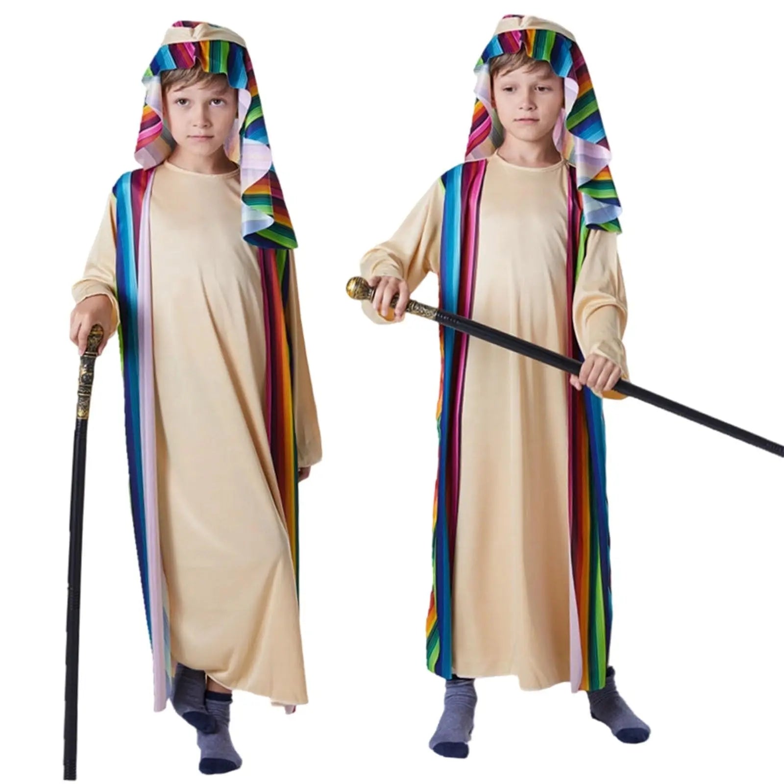 Boys Ethnic Gown Beige Rainbow Stage Clothing Striped Tunic Hooded Capelet Themed Cosplay Party 2026 Stylish Lively Outfit Abito