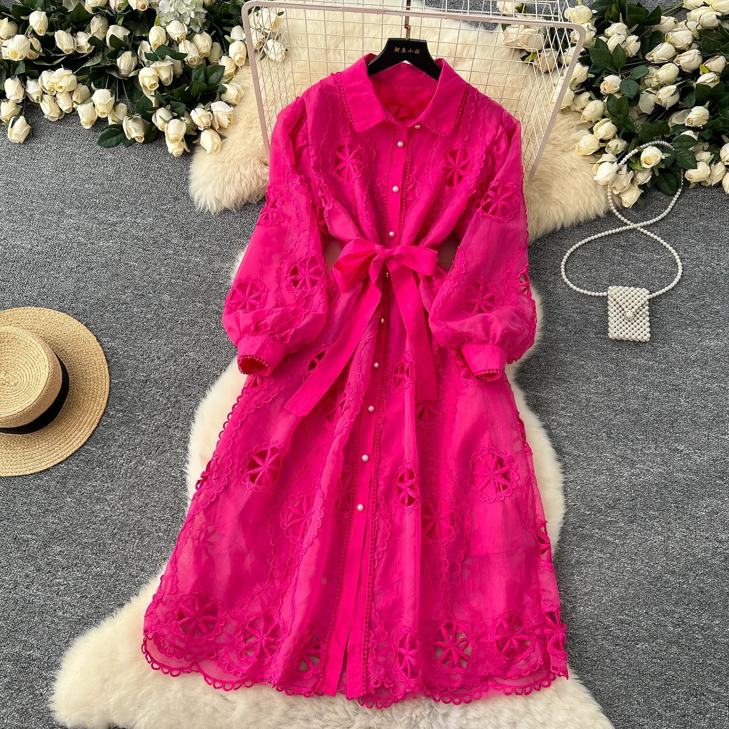Elegant Embroidery Vintage Lantern Sleeves Lapel Single Breasted Chic Bandage Slim Long Dresses Women High Street Clothing