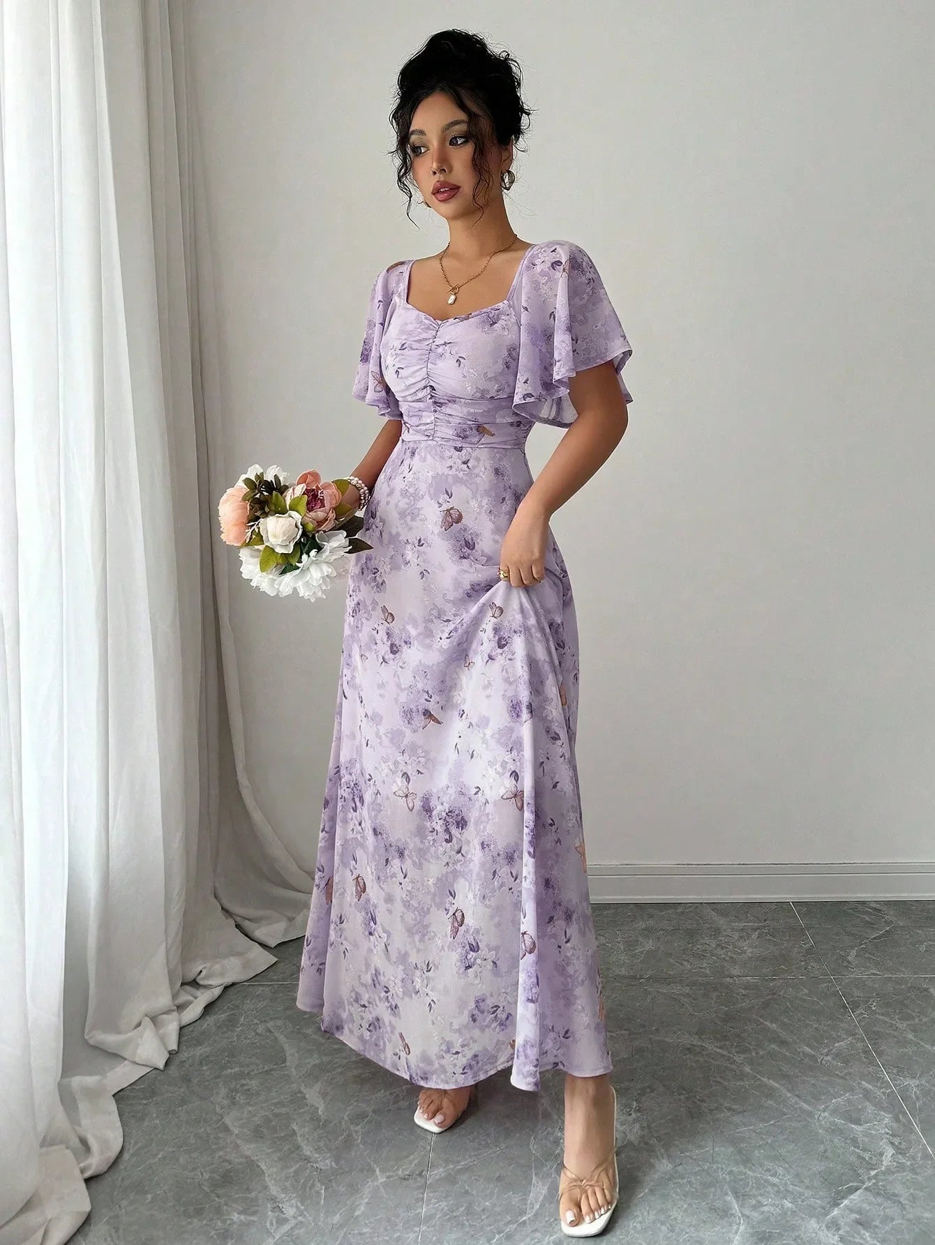 Fashionable Long Floral Print Dress Women's New Summer Slimming Age-Defying Dress Empire Waist Bubble Sleeve Knee-Length