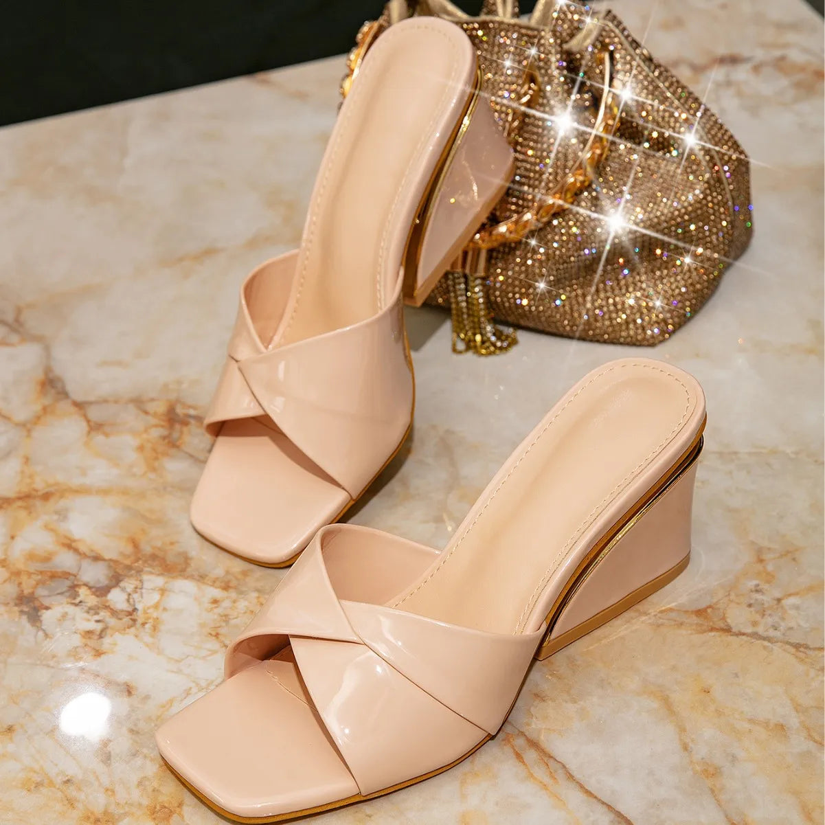 Women Fashion Slippers Summer New Square Open Toe High Heels Sandals Outdoor Versatile Casual Wedge Heels Shoe Sandalia Feminina