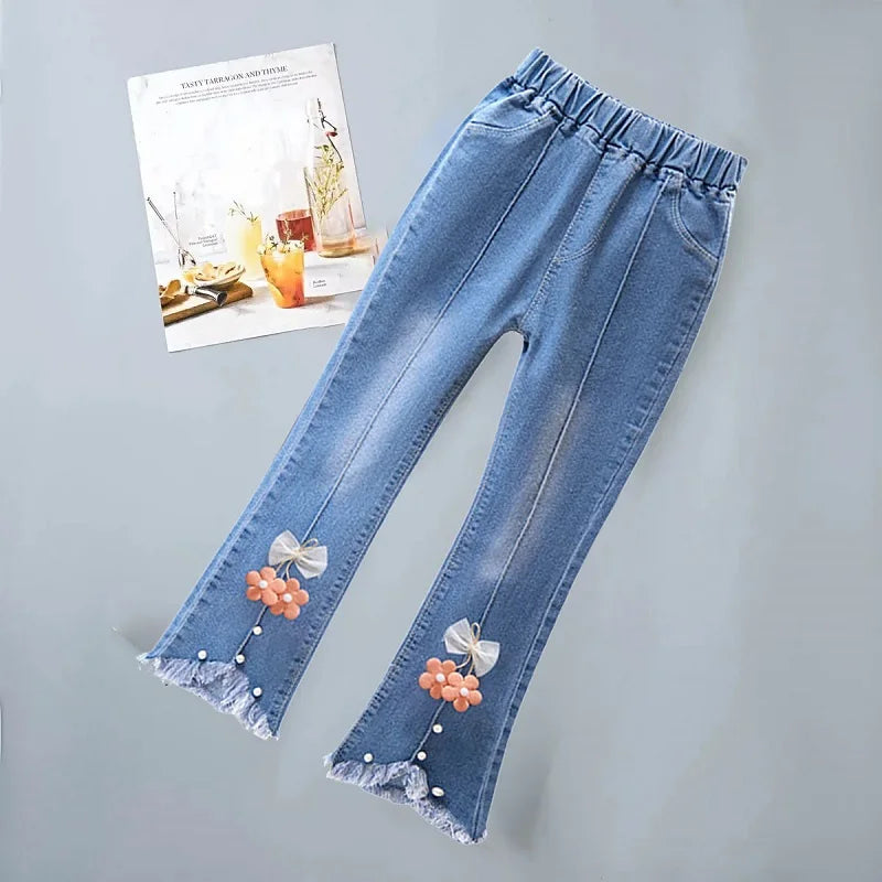 3-12 Year Old Girls' Jeans 2024 New Children's Fashion Lace Long Pants Sweet Korean Bow Flare Pants Loose Casual Pants