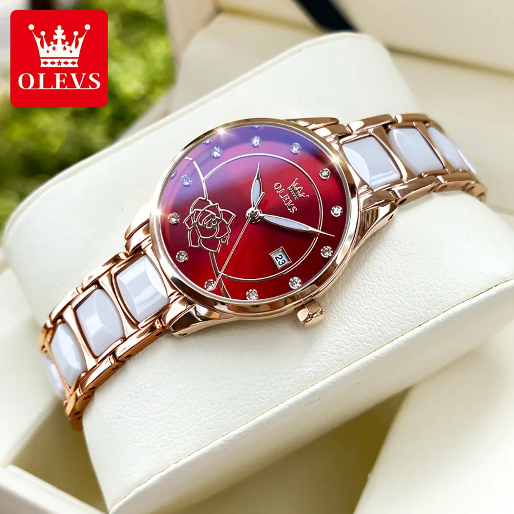 OLEVS 3606 Luxury Women Watch Camellia Quartz Japan Movement 30M Waterproof Watch For Women Ceramics Women Mechanical Watch