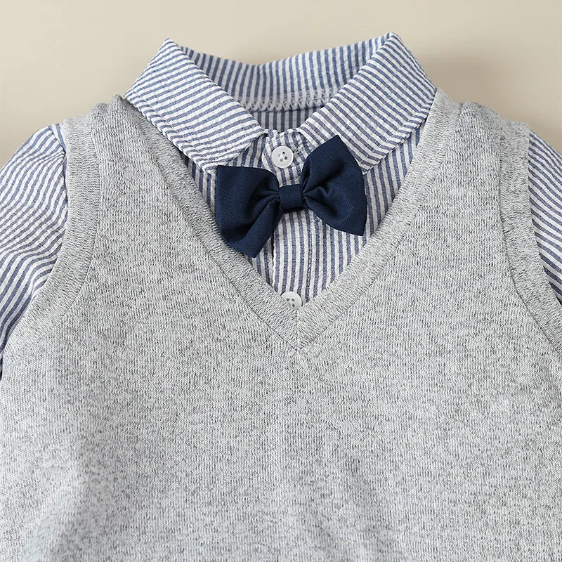 Boys Autumn Thin Gentleman Dress Blue Stripe Bow Shirt+Grey Thin Vest+Pants Three Piece Party Dress Set
