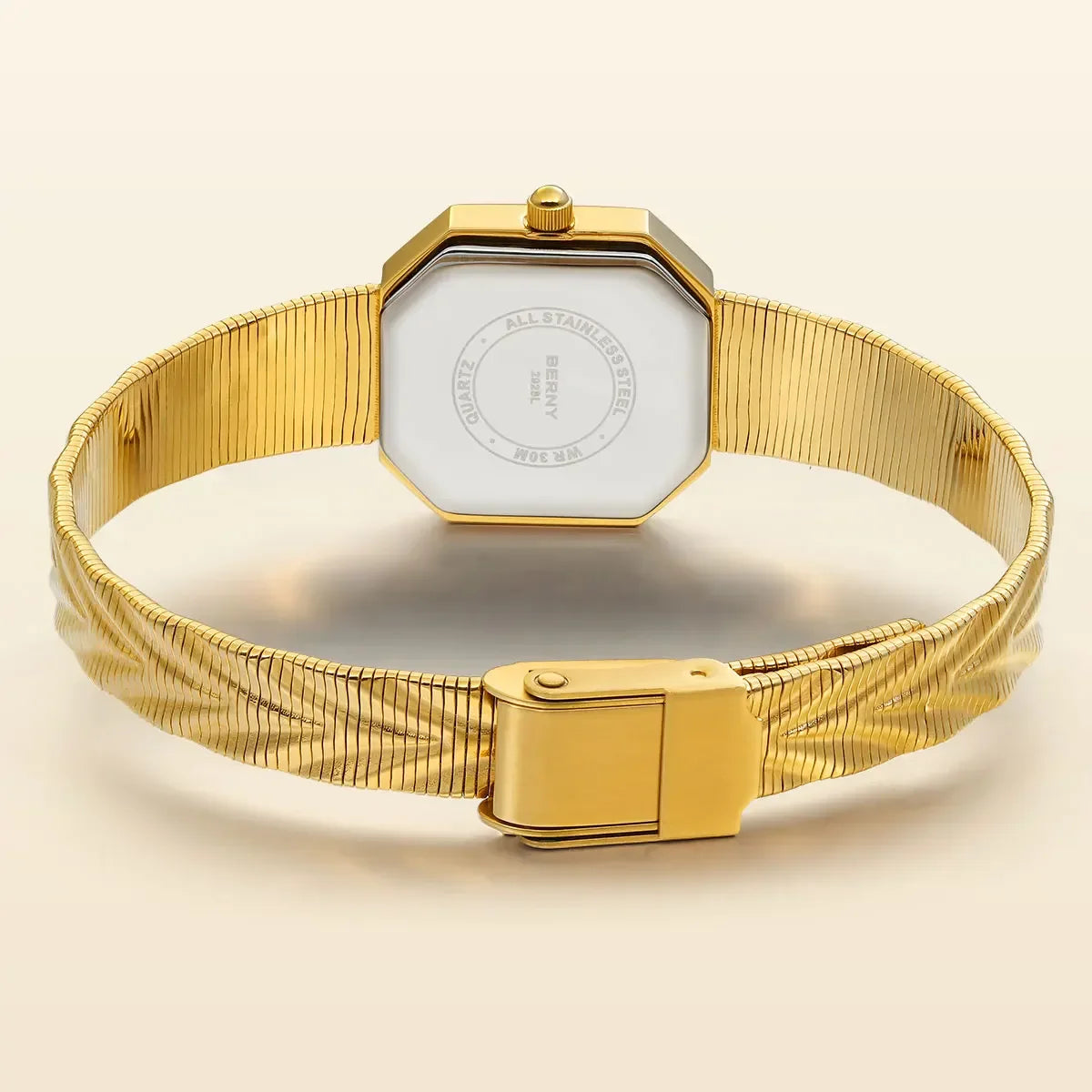 BERNY Gold Watch for Women Grit Dial Octagonal Ladies Quartz Wristwatch Stainless Steel Women Small Golden Watch Luxury Watches