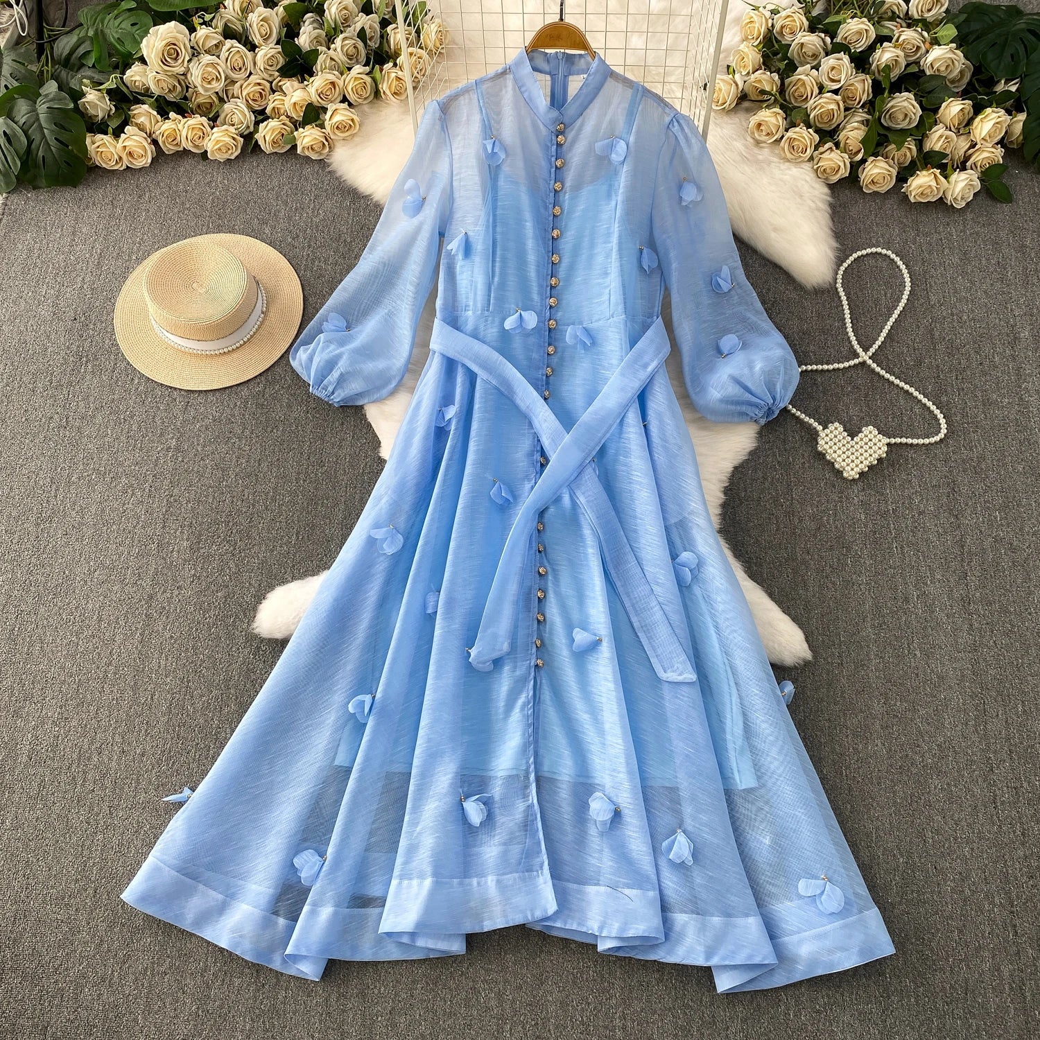 Chic vintage long sleeve floral button Elegant Fairy korean fashion autumn Sundress women clothing