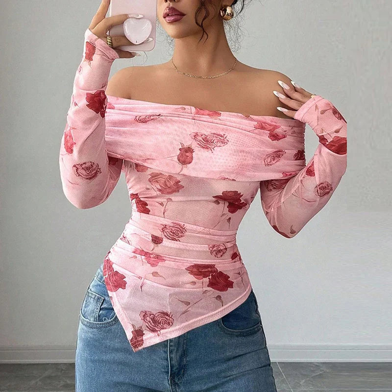 Sexy Irregular Off Shoulder Printed Long Sleeve T-Shirt Women Elegant Slim Fit T Shirts For Women Fashion Tops Tee