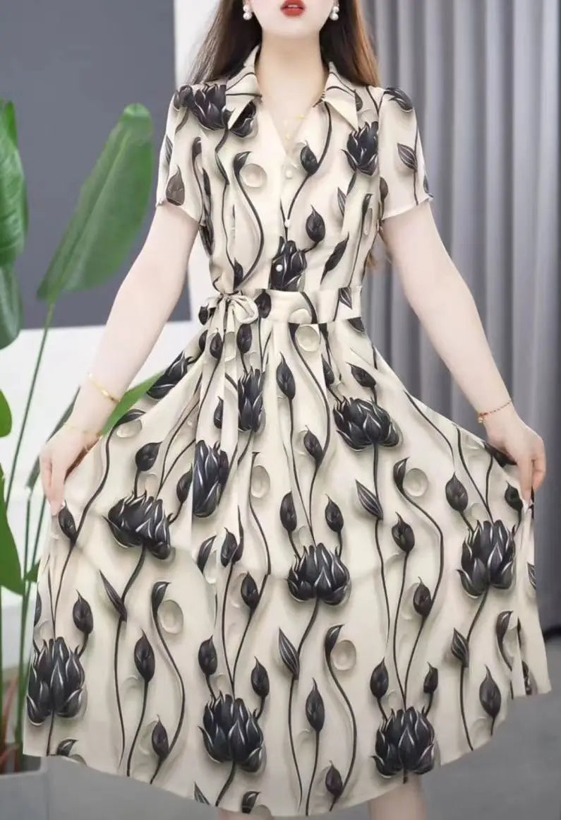 Women's Exquisite Printed Short Sleeved Dress 2024 Summer New Elegant And Beautiful Medium-length Shirt Skirt Mother's Outfit