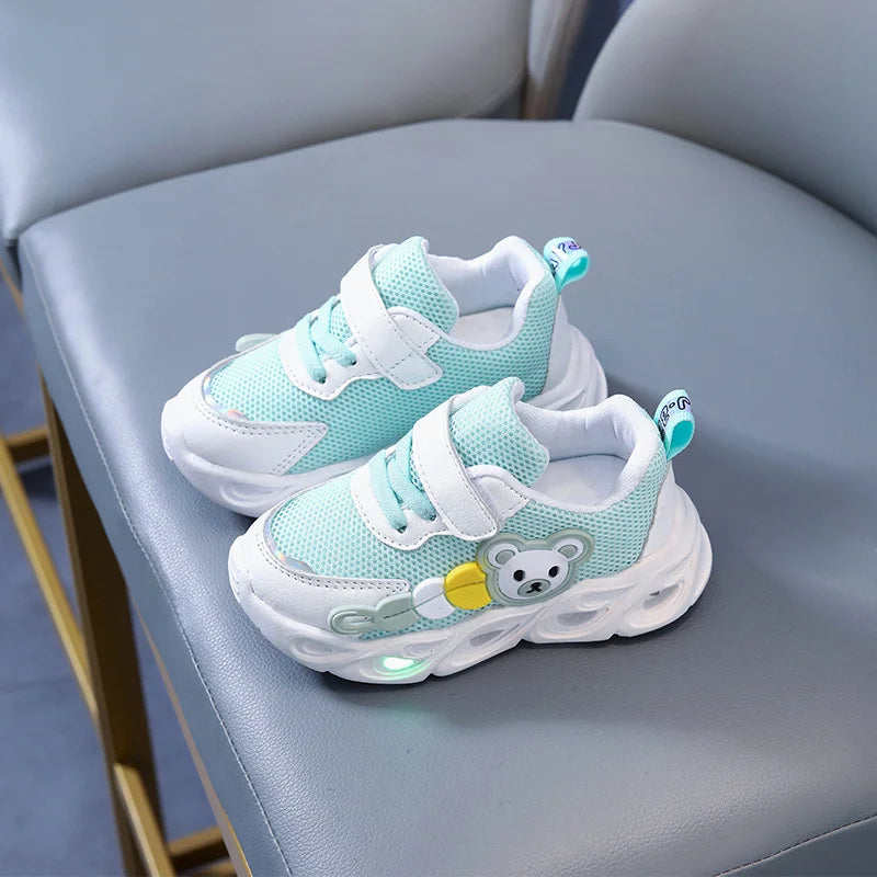 2023 Summer Children's Single Mesh Shoes Baby Soft Sole Walking Shoes LED Illuminated Hollow Breathable Board Shoes